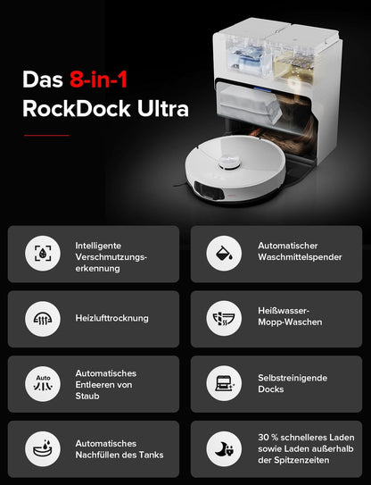 roborock S8 MaxV Ultra Saugroboter mit Wischfunktion&Hebarem Wischmopp, Umfangreiche Reinigung Durch die ausfahrbaren Seitenbürste, 10.000 Pa, 60 °C Heißwasser-Moppwäsche, Komplett-Station