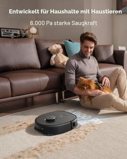 eufy X10 Pro Omni Staubsauger- und Wischroboter, 8000 Pa, Komplett-Basis mit Selbstentleerung, Selbstbefüllung und Selbstreinigung, intelligente Vermeidung mit KI, Teppicherkennung, Hub-Mopp