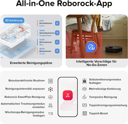 roborock Qrevo S Saugroboter mit Wischfunktion, 7000 Pa HyperForce® Reinigungsleistung, 45 dB(A) leises Trocknen, PreciSense® LiDAR Navigation, zusätzlich 2 Wischmops, Roboterstaubsauger-Set(Schwarz)
