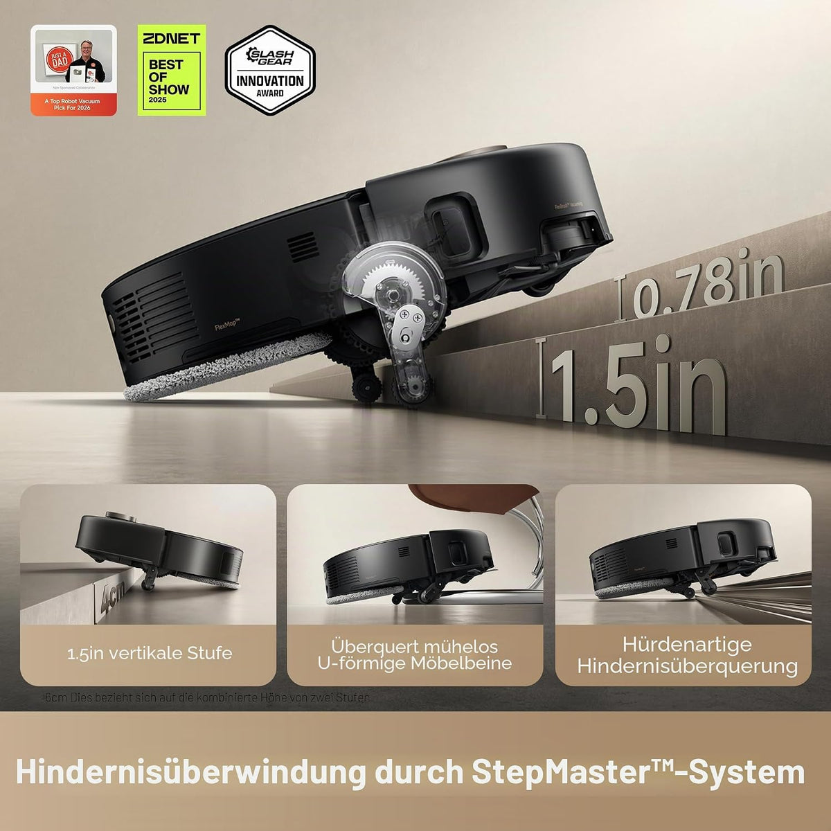 Mova V50 Ultra Complete Saugroboter und Wischmopp Selbstreinigend, 24.000Pa Saugkraft, Hebbare Navigation mit Hindernisüberwindung und Warmwasserwischen mit DuoSolution System Entwickelt für Haustiere