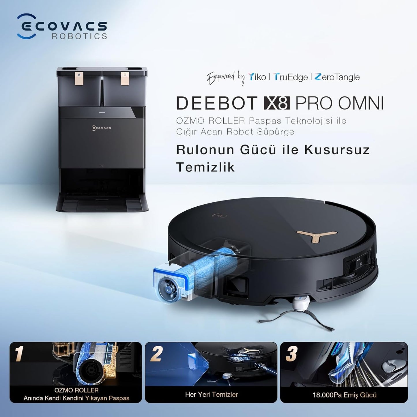 ECOVACS DEEBOT X8 PRO Omni Saugroboter mit Wischfunktion, OZMO Roller mit kontinuierliches Wischen & Selbstreinigung, 18.000 Pa, 12-in-1 Station, 40–75 °C Heißwasser-Moppreinigung, YIKO-GPT