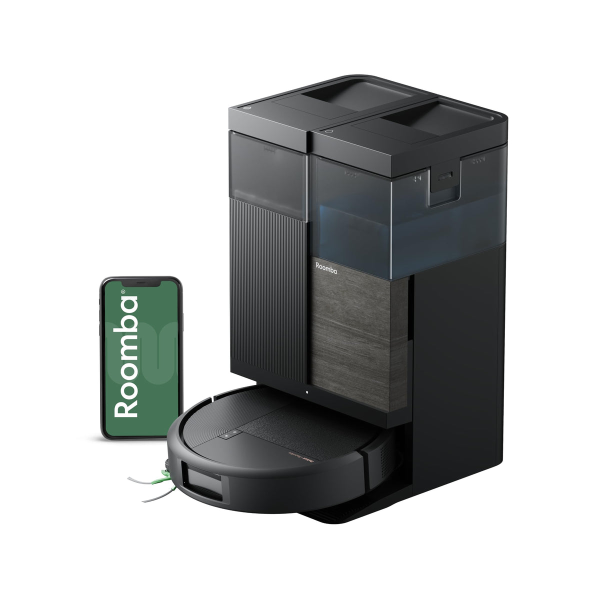 iRobot Roomba® Plus 575 Combo Roboter + AutoWash™ Station, 25Kpa, Multifunktions‑Station,Wäscht und trocknet die Wischpads bei heißer Temperatur, Clearview LiDAR+Kamera, Entleert-Sich, Schwarz