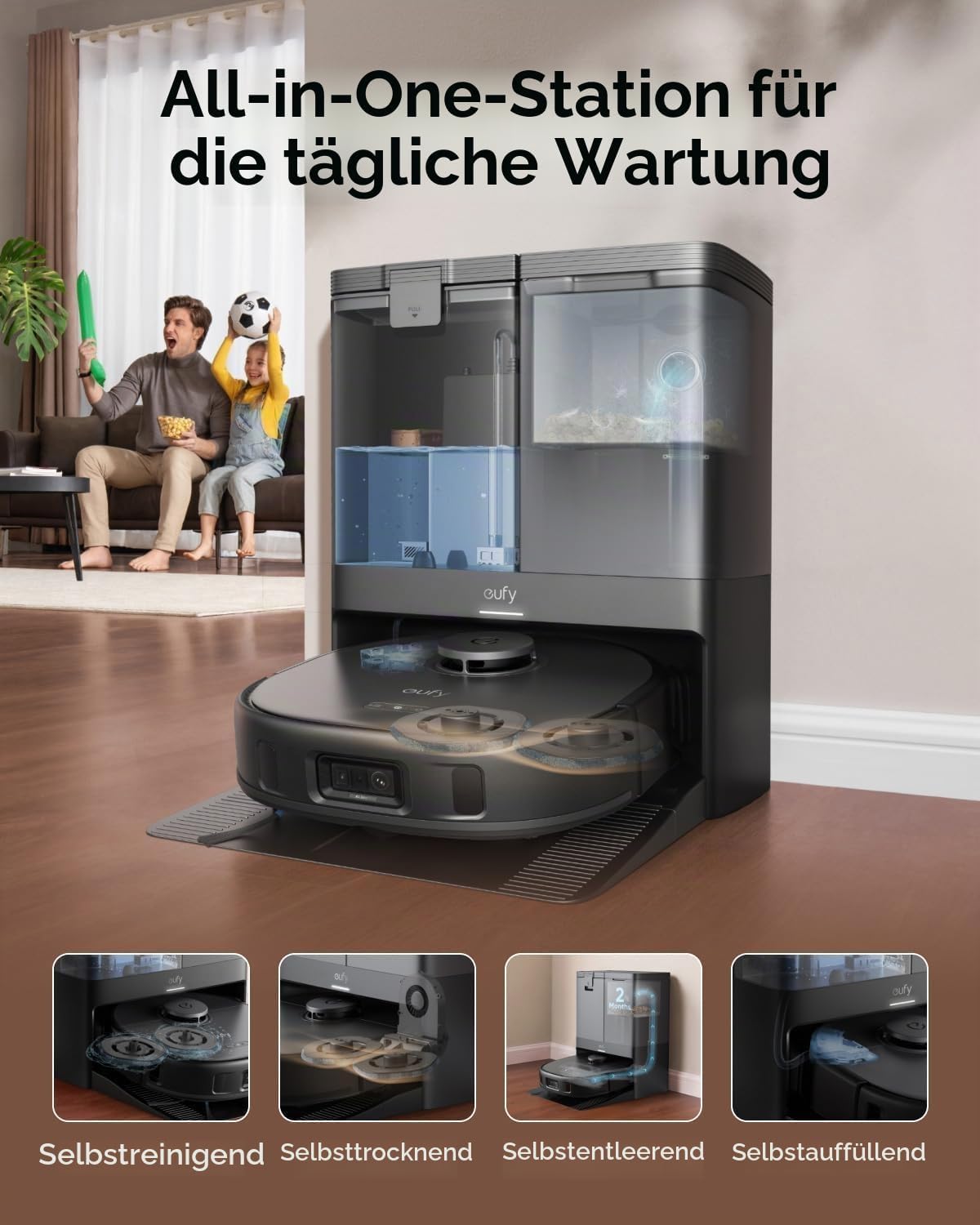 eufy X10 Pro Omni Staubsauger- und Wischroboter, 8000 Pa, Komplett-Basis mit Selbstentleerung, Selbstbefüllung und Selbstreinigung, intelligente Vermeidung mit KI, Teppicherkennung, Hub-Mopp