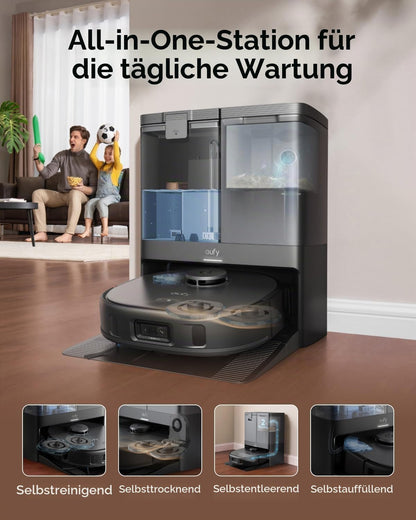 eufy X10 Pro Omni Staubsauger- und Wischroboter, 8000 Pa, Komplett-Basis mit Selbstentleerung, Selbstbefüllung und Selbstreinigung, intelligente Vermeidung mit KI, Teppicherkennung, Hub-Mopp