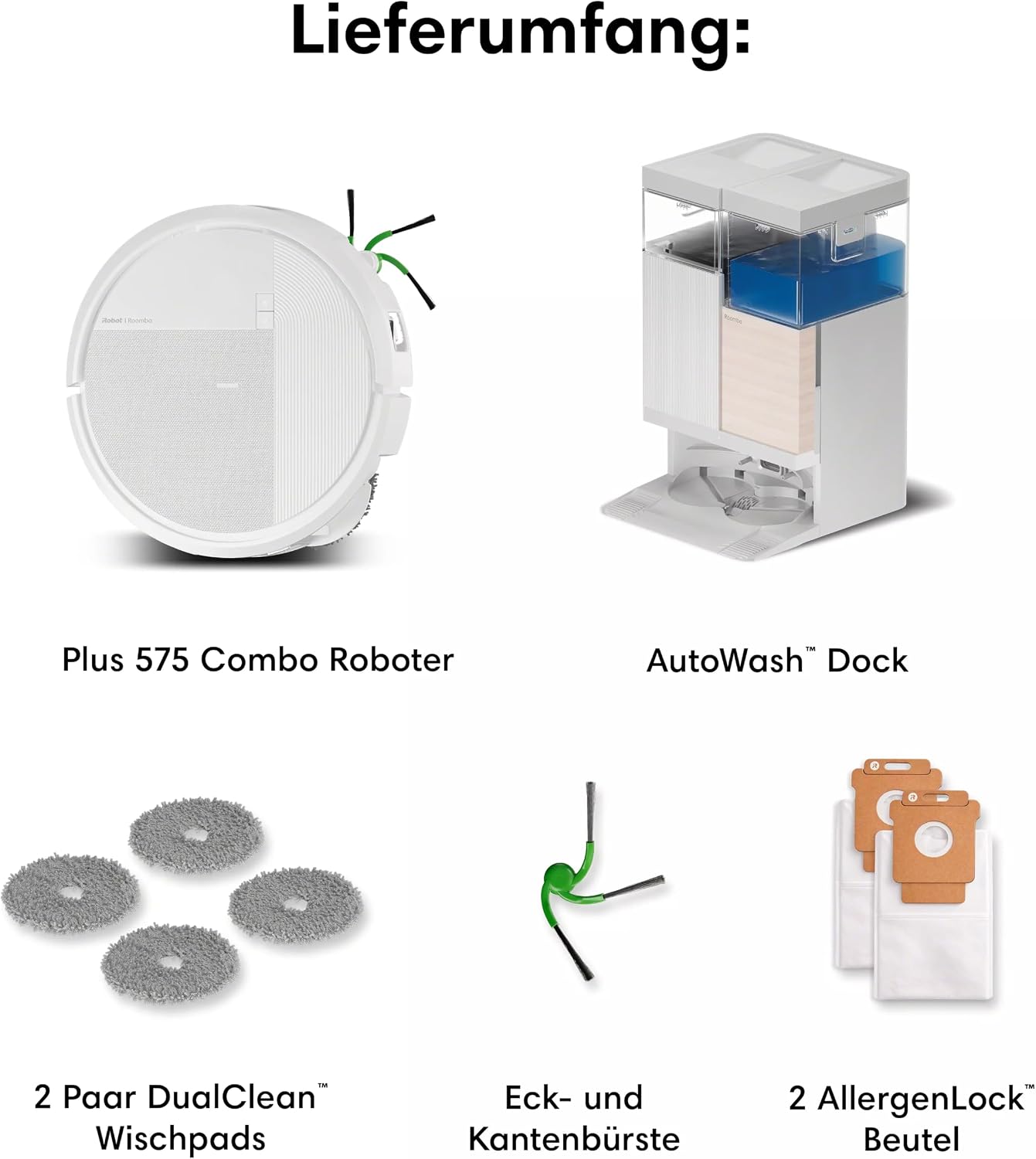 iRobot Roomba® Plus 575 Combo Roboter + AutoWash™ Station, 25Kpa, Multifunktions‑Station,Wäscht und trocknet die Wischpads bei heißer Temperatur, Clearview LiDAR+Kamera, Entleert-Sich, Schwarz