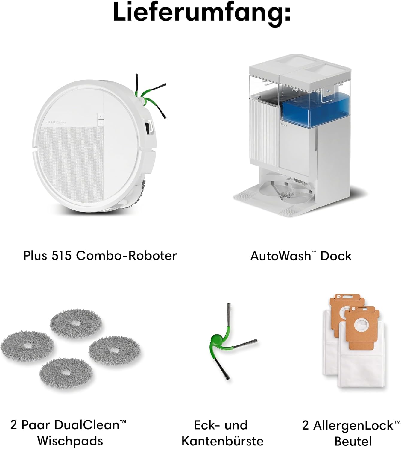 iRobot Roomba® Plus 515 Combo Roboter + AutoWash™ Station, 22Kpa, Multifunktions‑Station, Wäscht und trocknet die Wischpads bei heißer Temperatur, Clearview LiDAR, Entleert-Sich, Weiß