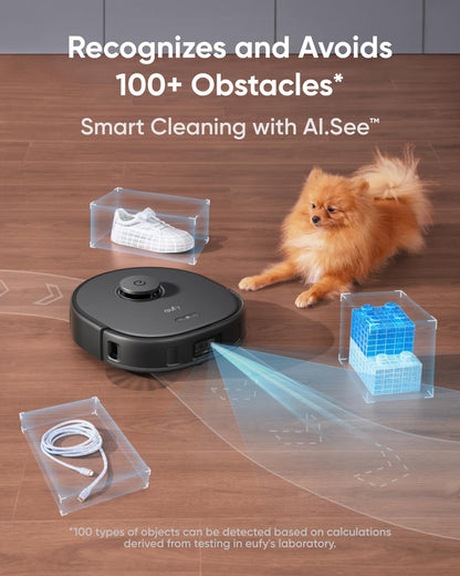 eufy X10 Pro Omni Staubsauger- und Wischroboter, 8000 Pa, Komplett-Basis mit Selbstentleerung, Selbstbefüllung und Selbstreinigung, intelligente Vermeidung mit KI, Teppicherkennung, Hub-Mopp