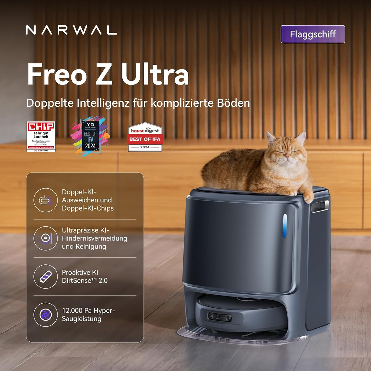 Narwal Freo Z Ultra Saugroboter mit Wischfunktion, Doppel-KI-Ausweihen KI-adaptivem Heißwasserwaschen von Mopps und Trocknen, 12.000 Pa Saugkraft, Zero Tangling Bürste 2.0, Intelligente APP