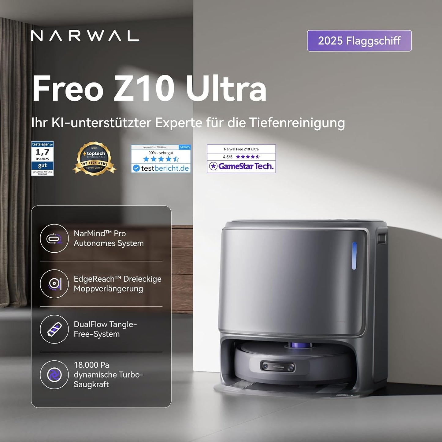 NARWAL Freo Z10 Ultra Saugroboter mit Wischfunktion mit KI-Reinigung