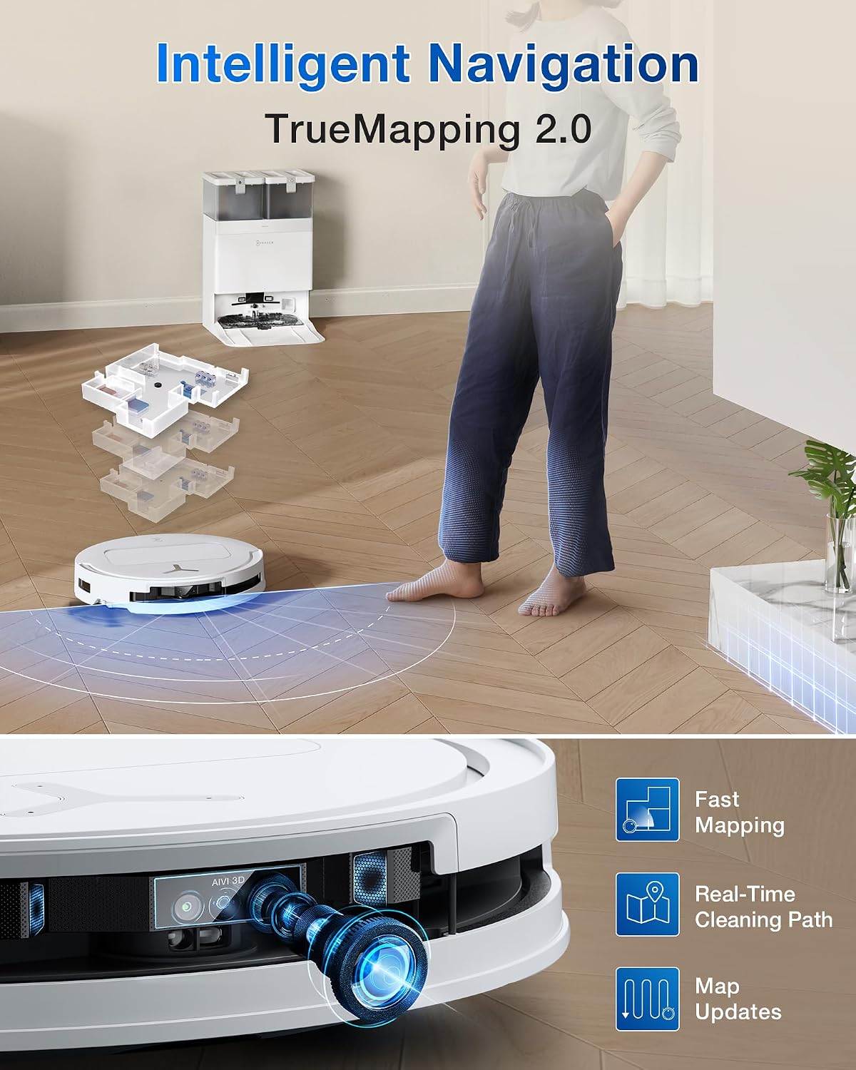 ECOVACS DEEBOT T50 PRO Omni Saugroboter und Wischmopp, 8,1 cm ultradünn, 15.000 Pa Saugkraft, ZeroTangle 2.0, TruEdge Kantenreinigung, AIVI 3D Hindernisvermeidung, Auto Mop Waschen & Trocknen