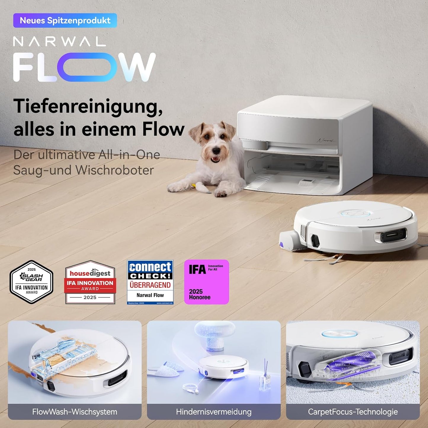 NARWAL Flow Saugroboter mit kompakter 28-cm-Basisstation und Track-Mopp