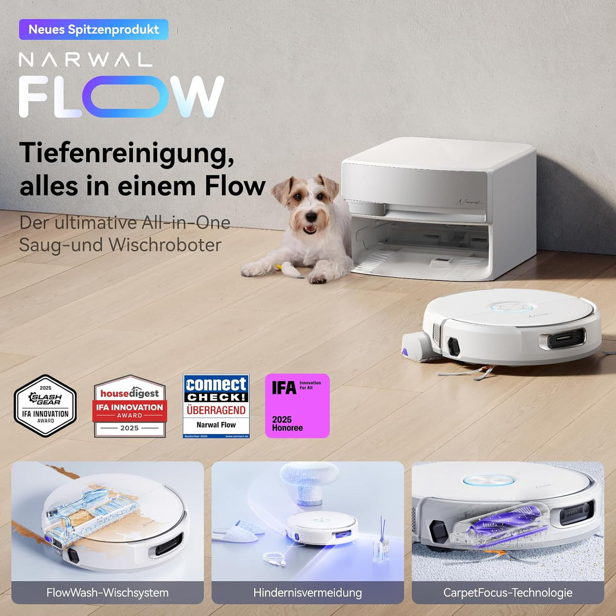 NARWAL Flow Saugroboter mit kompakter 28-cm-Basisstation und Track-Mopp