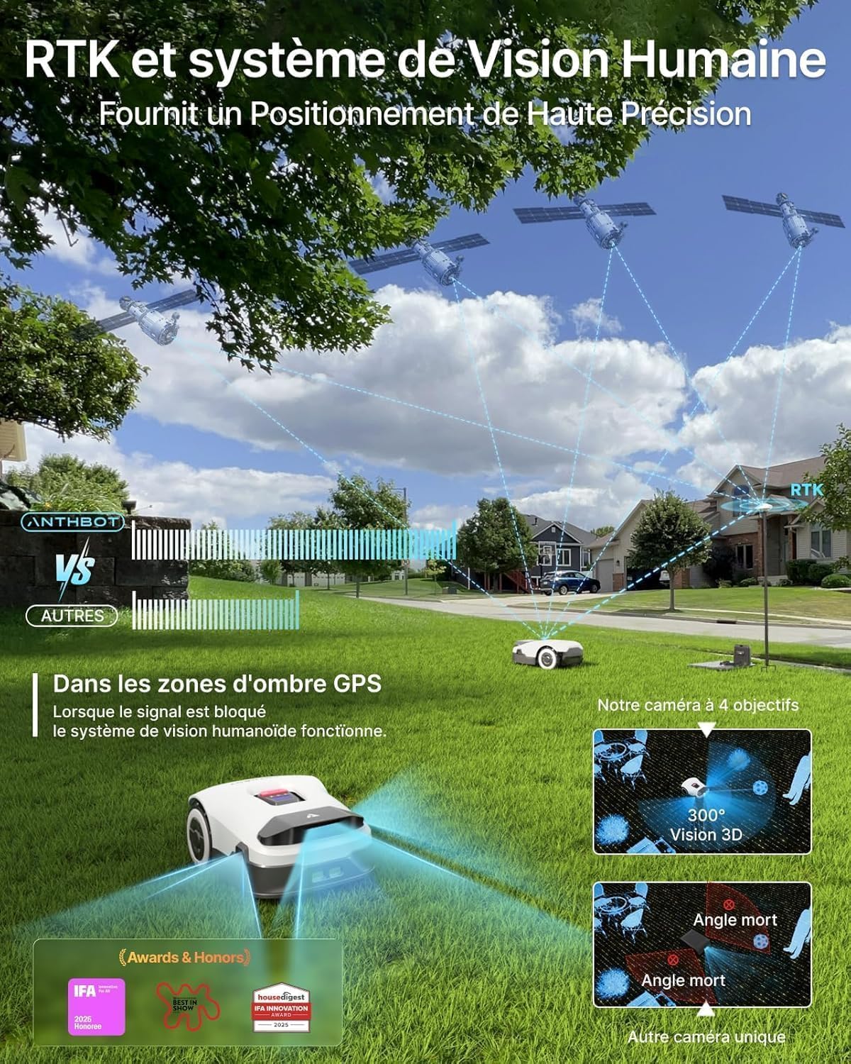 ​ANTHBOT Genie600 Mähroboter ohne Begrenzungskabel - 900m² RTK+4K Vision, Multizonen-Steuerung, 3D-Hindernisvermeidung, App-Steuerung, Automatischer Rasenroboter mit Nachtsicht & Regen-Sensor​