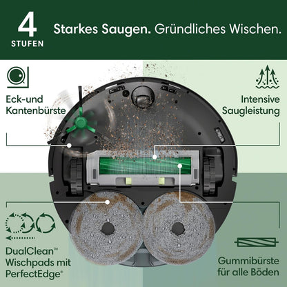 iRobot Roomba Plus 505 Saug- und Wischroboter + AutoWash-Station Saugroboter mit Wischfunktion - Multifunktinales Station - Clearview Pro LiDAR - 7000Pa - DualClean Wischpads mit PerfectEdge - SmartScrub - Schwarz