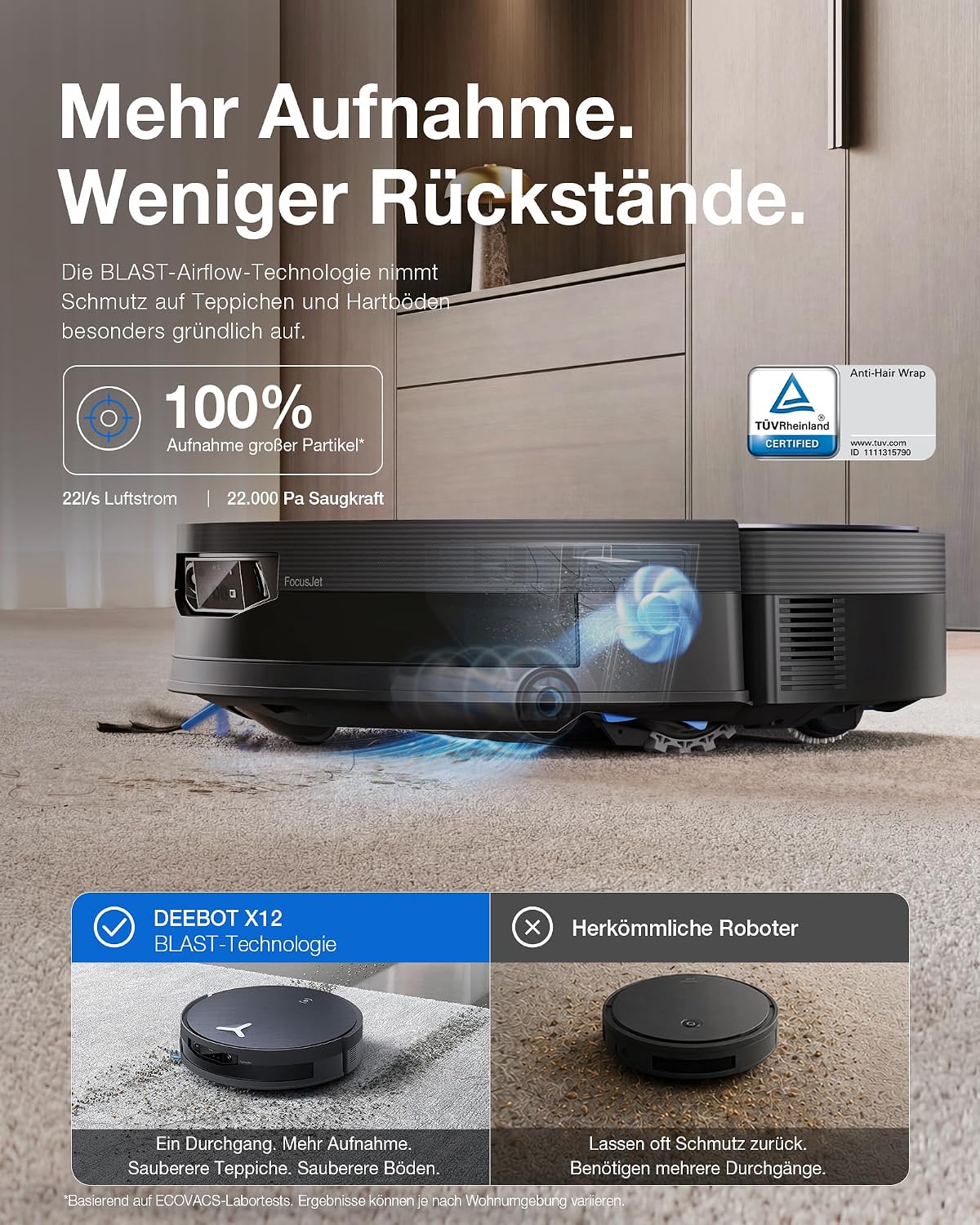 ECOVACS X12 OMNICYCLONE Saugroboter mit Wischfunktion, 22.000 Pa Saugkraft