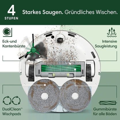 iRobot Roomba Plus 405 Saug- und Wischroboter + AutoWash-Station Saugroboter mit Wischfunktion - Clearview LiDAR - 7000Pa - DualClean Wischpads - SmartScrub - Teppicherkennung - 75 Tage Entleerung - Weiß