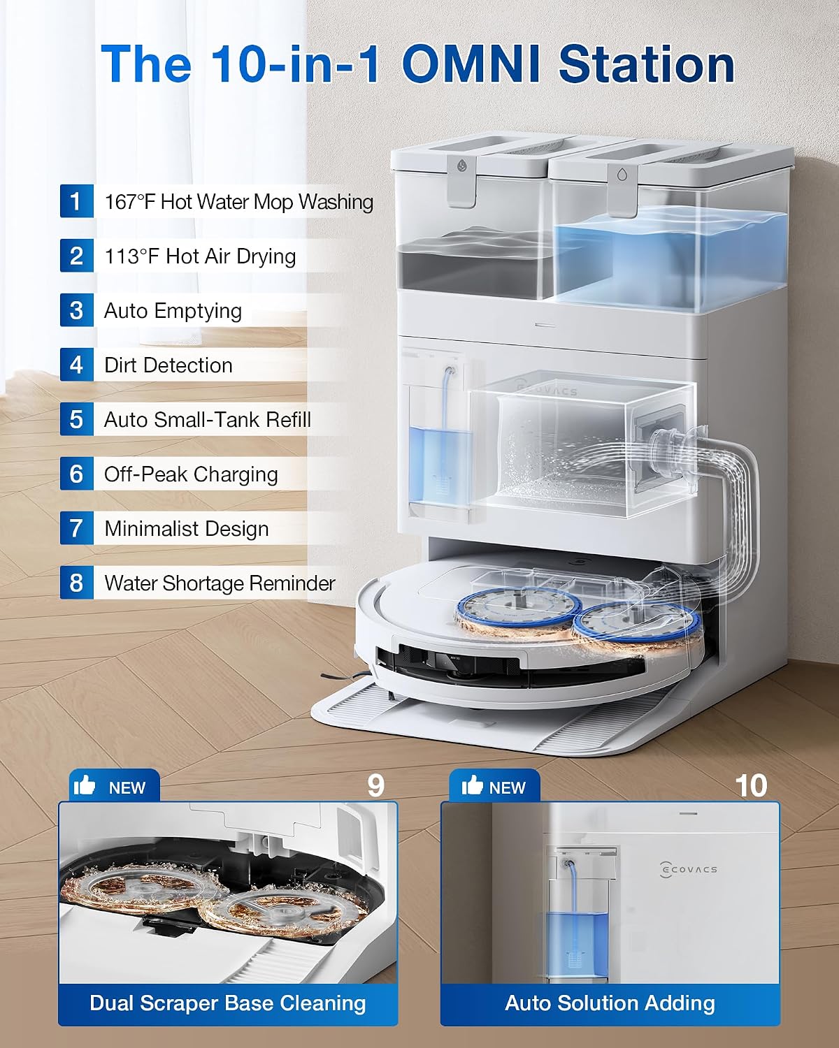 ECOVACS DEEBOT T50 PRO Omni Saugroboter und Wischmopp, 8,1 cm ultradünn, 15.000 Pa Saugkraft, ZeroTangle 2.0, TruEdge Kantenreinigung, AIVI 3D Hindernisvermeidung, Auto Mop Waschen & Trocknen