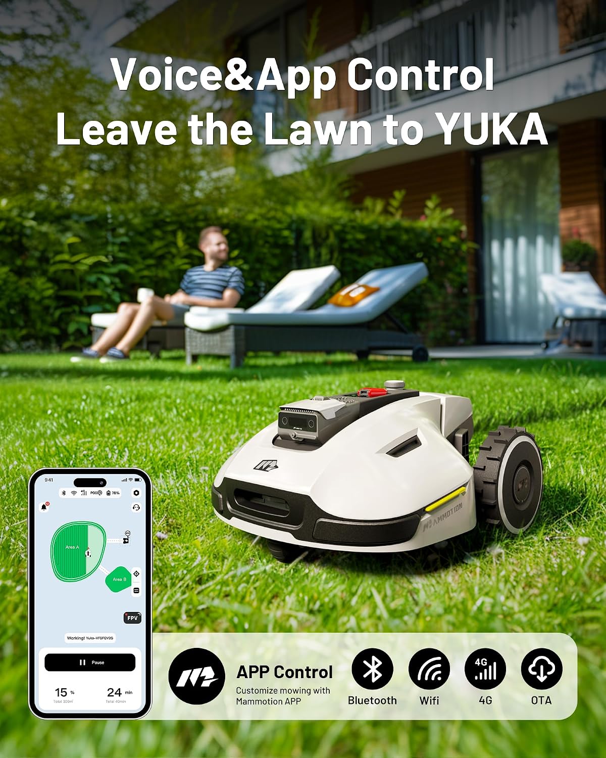 Mammotion YUKA 2000 Roboter-Rasenmäher, 3D-Vision-Positionierungs- und RTK-Fusion-Mapping-System für 0,5 Hektar Rasen, 45 % Steigung, Schnitthöhe 3 cm - 10,2 cm, Perimeter drahtlos, APP-Steuerung