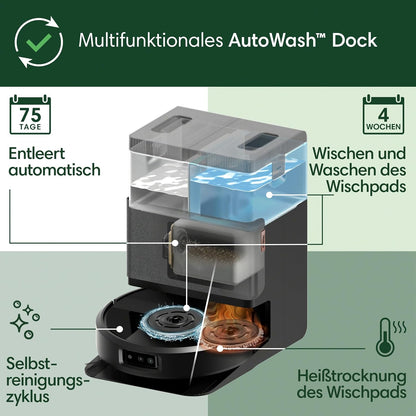 iRobot Roomba Plus 505 Saug- und Wischroboter + AutoWash-Station Saugroboter mit Wischfunktion - Multifunktinales Station - Clearview Pro LiDAR - 7000Pa - DualClean Wischpads mit PerfectEdge - SmartScrub - Schwarz