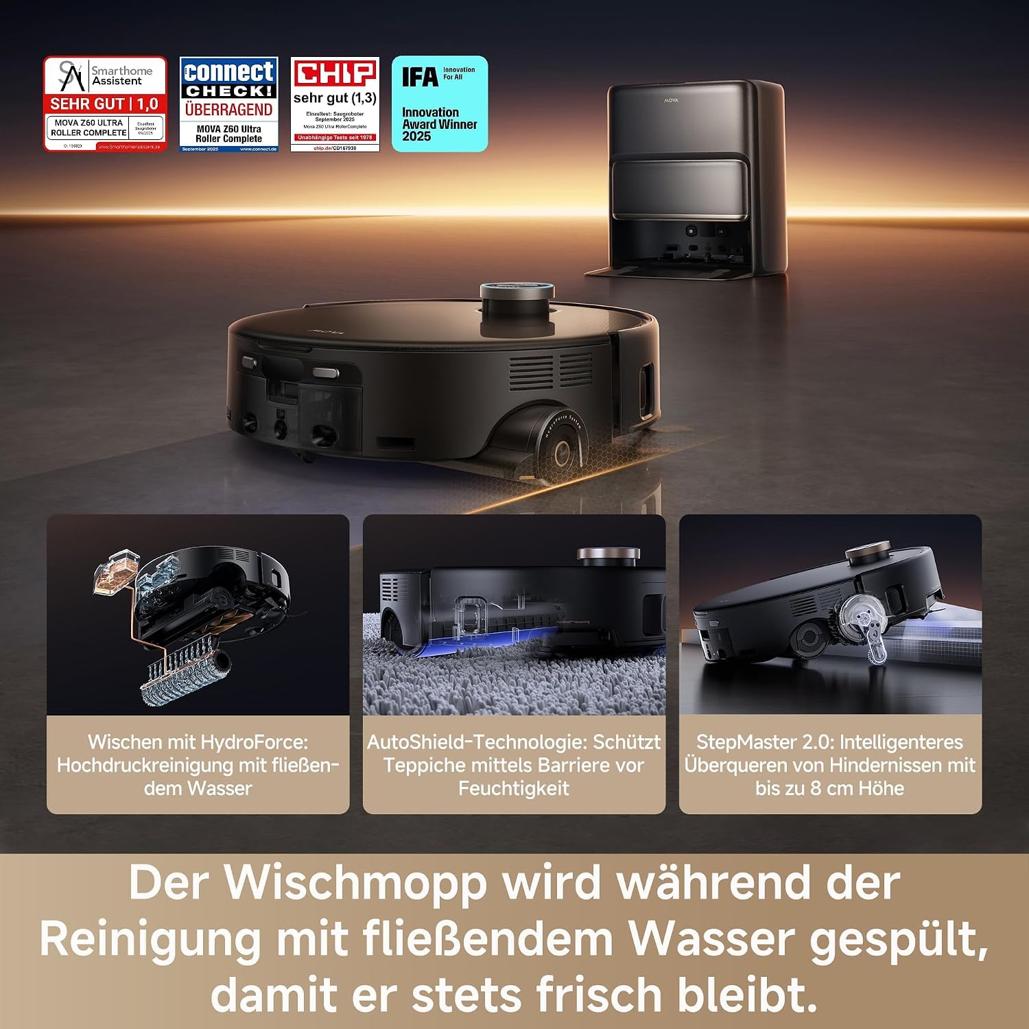 MOVA Z60 Ultra Roller Complete, HydroForce-Wischen, AutoShield-Tech Schwarz