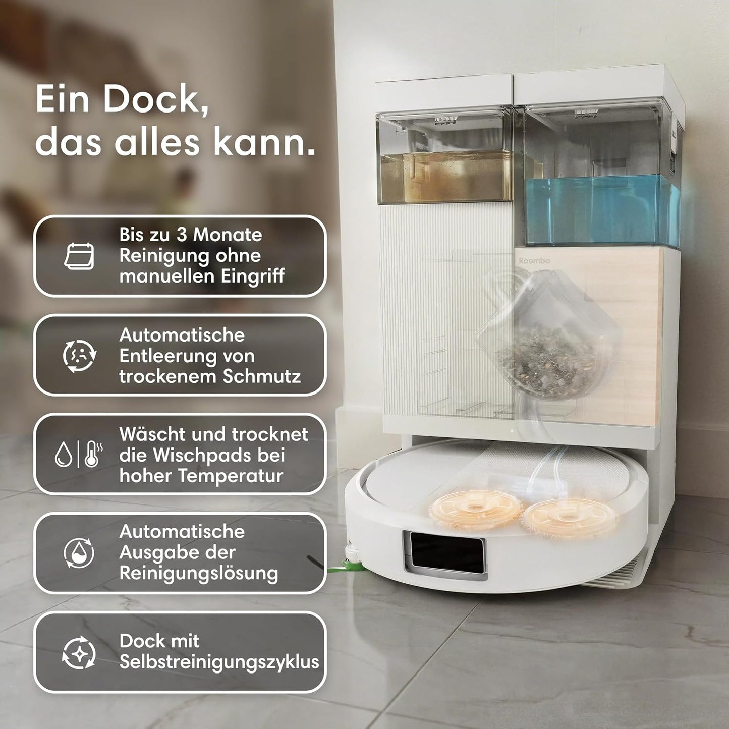 iRobot Roomba® Plus 575 Combo Roboter + AutoWash™ Station, 25Kpa, Multifunktions‑Station,Wäscht und trocknet die Wischpads bei heißer Temperatur, Clearview LiDAR+Kamera, Entleert-Sich, Schwarz