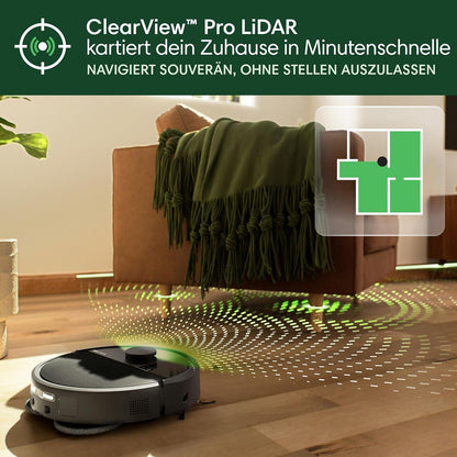 iRobot Roomba Plus 505 Saug- und Wischroboter + AutoWash-Station Saugroboter mit Wischfunktion - Multifunktinales Station - Clearview Pro LiDAR - 7000Pa - DualClean Wischpads mit PerfectEdge - SmartScrub - Schwarz