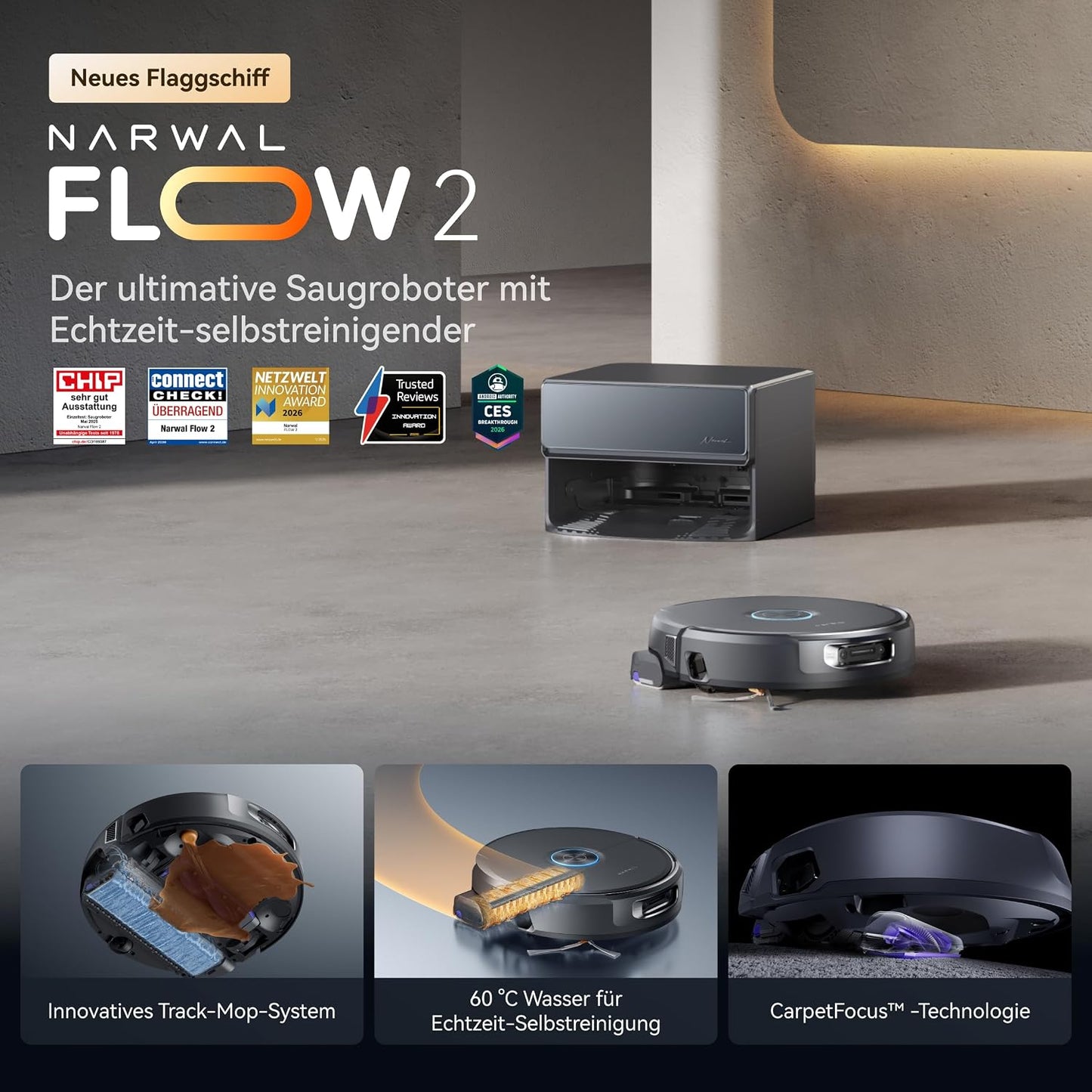 NARWAL Flow 2 Saugroboter mit Kompaktstation, Saug- und Wischroboter, FlowWash-Wischsystem mit 60 °C Heißwasser, 31.000 Pa Saugkraft, CarpetFocus™-Technologie, 100 °C Moppwäsche