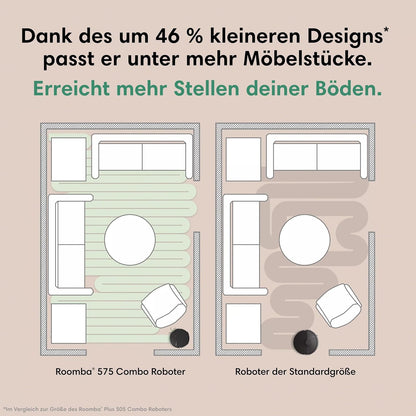iRobot Roomba® Plus 575 Combo Roboter + AutoWash™ Station, 25Kpa, Multifunktions‑Station,Wäscht und trocknet die Wischpads bei heißer Temperatur, Clearview LiDAR+Kamera, Entleert-Sich, Schwarz