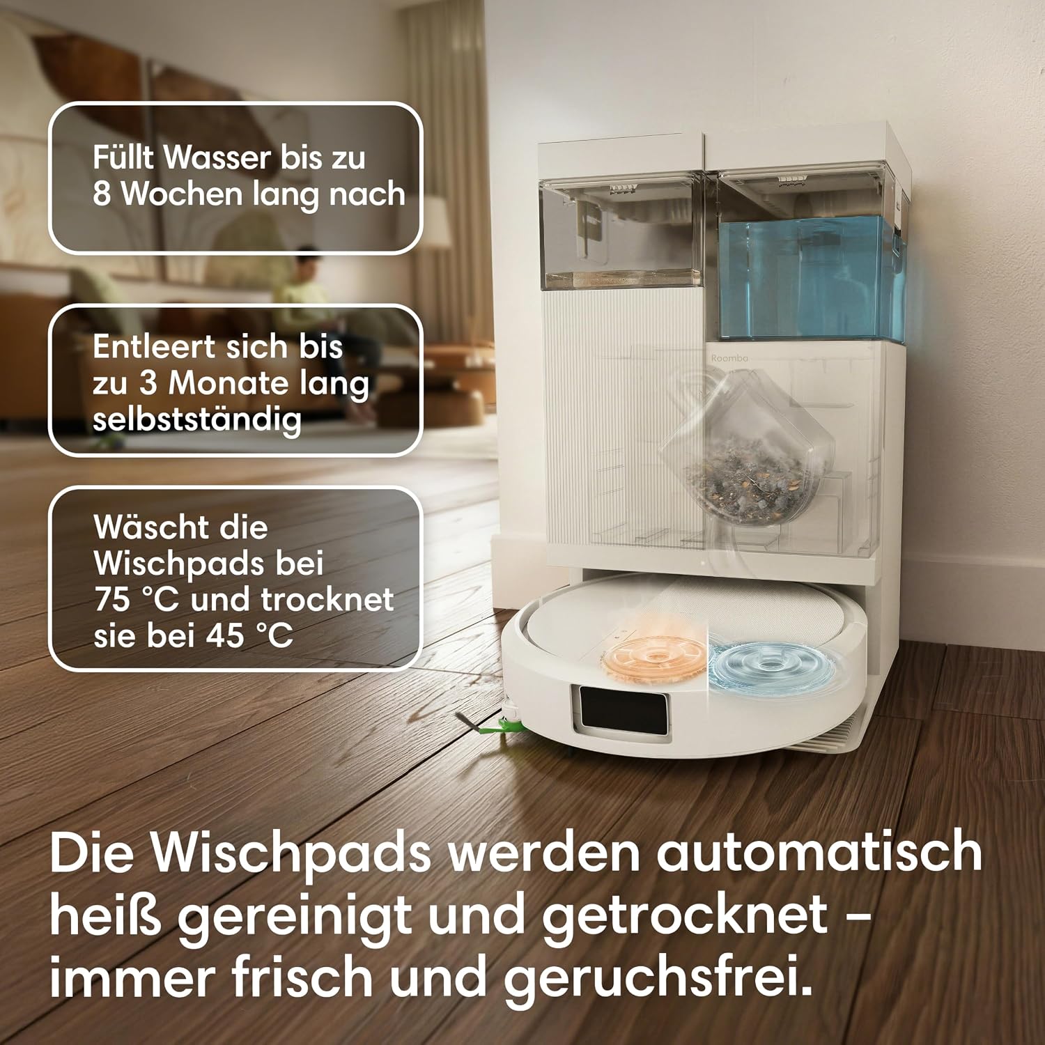 iRobot Roomba® Plus 515 Combo Roboter + AutoWash™ Station, 22Kpa, Multifunktions‑Station, Wäscht und trocknet die Wischpads bei heißer Temperatur, Clearview LiDAR, Entleert-Sich, Weiß
